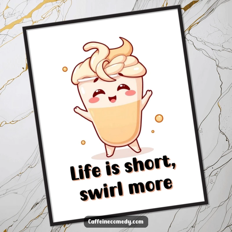 Funny free printable wall art: a giggling latte character capturing motion with a fancy swirl, creating visual delight.