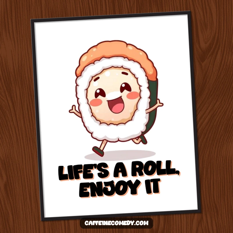 Funny Free Printable Sushi Wall Art: A cheerful sushi roll character excitedly rolling along, bringing joy to any room.