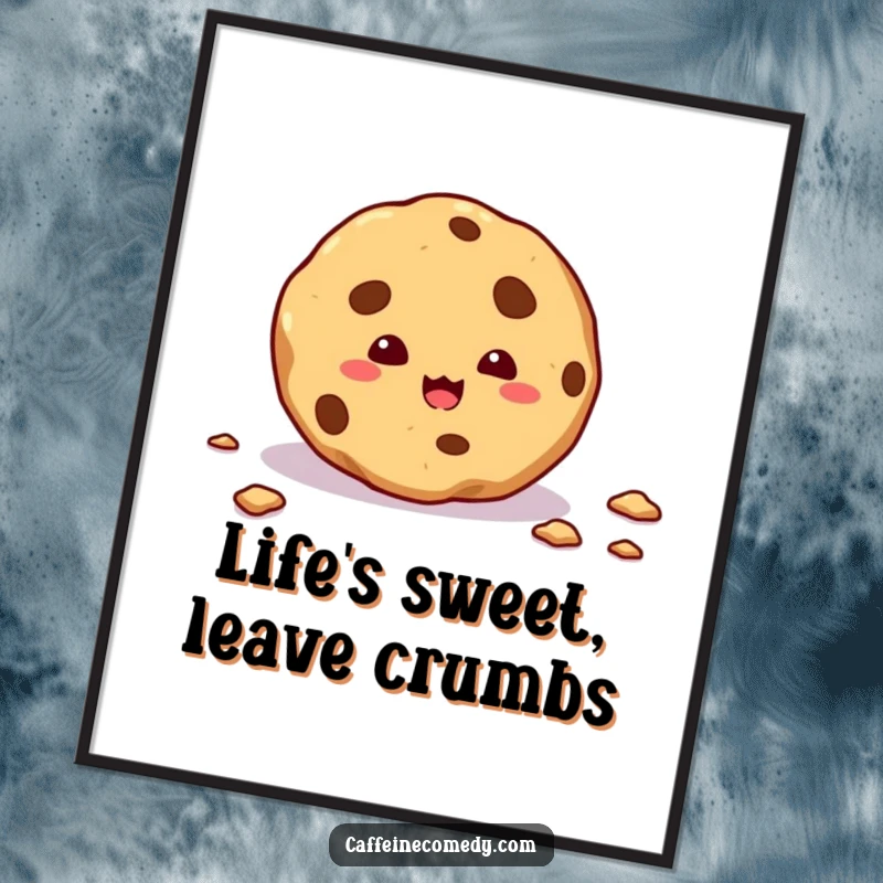 Funny free printable wall art of a mischievous cookie leaving a trail of crumbs, a whimsical and humorous downloadable art.