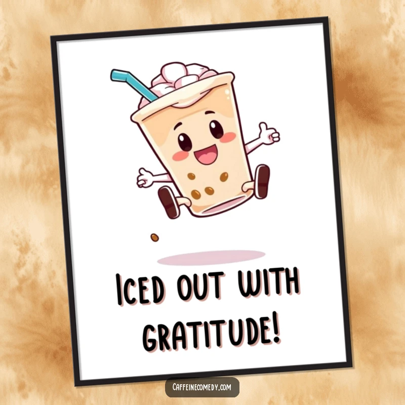 Funny Free Printable Wall Art: An iced coffee character with a straw executes a thrilling kickflip, exuding cool energy.