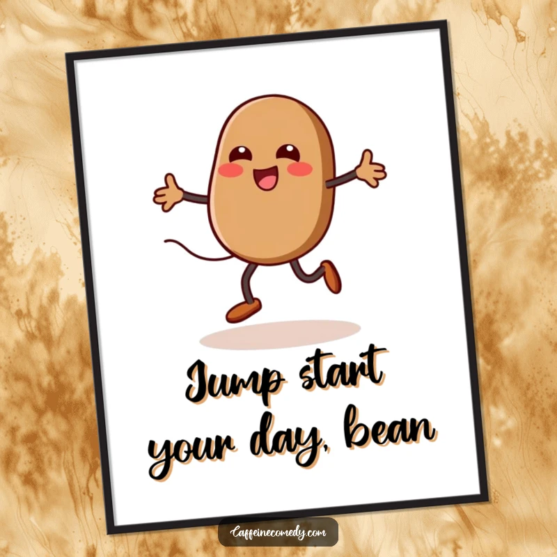 Funny Free Printable Wall Art: A kawaii coffee bean with legs joyfully jumping rope with a steam trail.