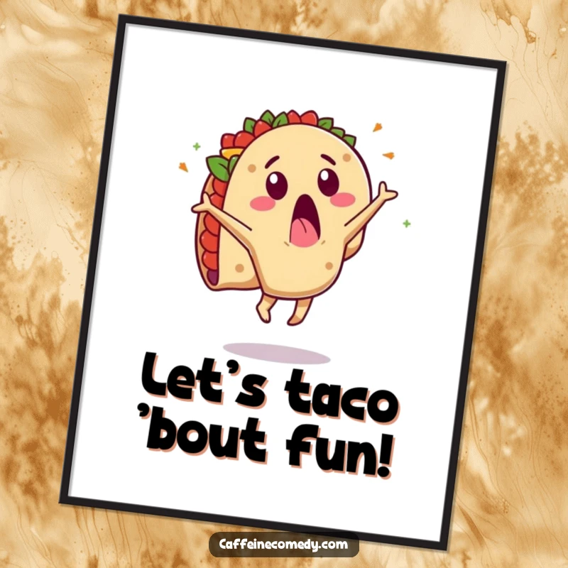 Funny Free Printable Wall Art: A surprised taco character is captured mid-cartwheel, with its fillings dramatically flying outwards.