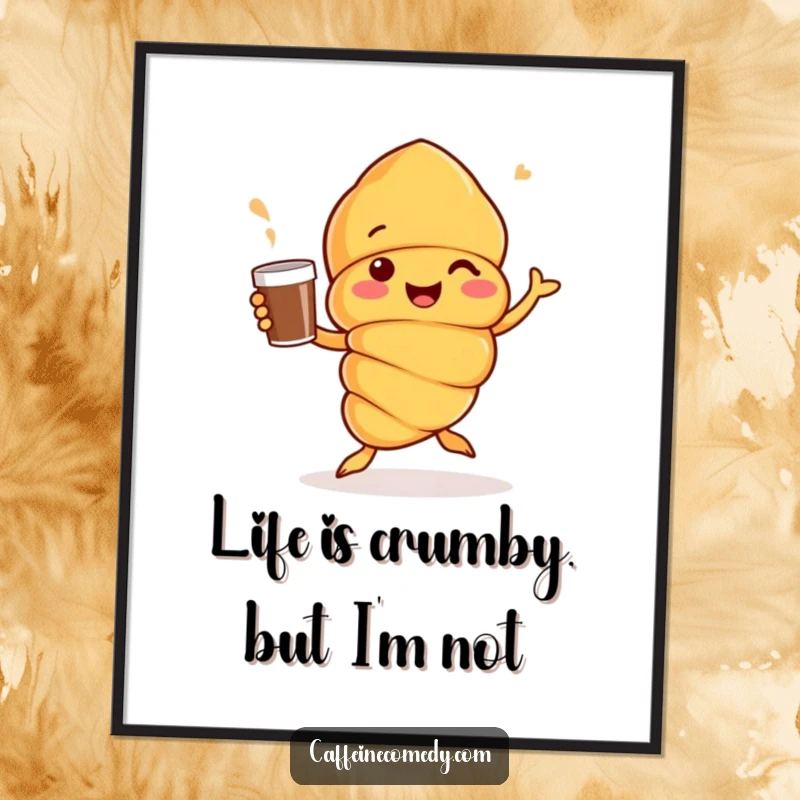 Funny Free Printable Wall Art: Cheerful croissant character in a joyful jig with a coffee cup, artistic and humorous.