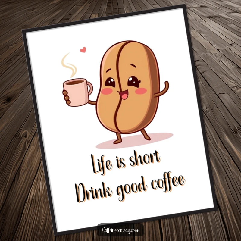 Funny Free Printable Wall Art: A winking coffee bean masterfully juggles a steaming coffee mug, bringing energy to any room.