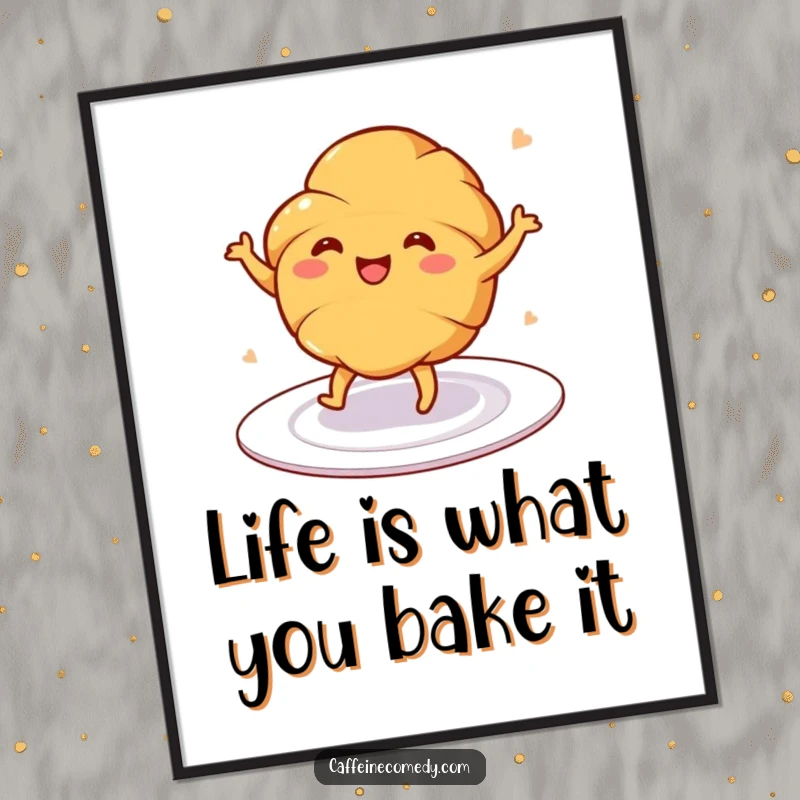 Funny Free Printable Wall Art: A cheerful croissant is captured mid-dance on a plate, adding whimsical decor.