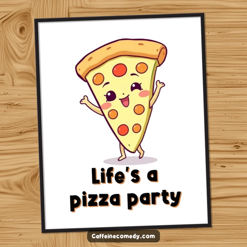 Funny free printable wall art featuring a gleeful pizza slice character doing a happy, energetic spin, full of life.
