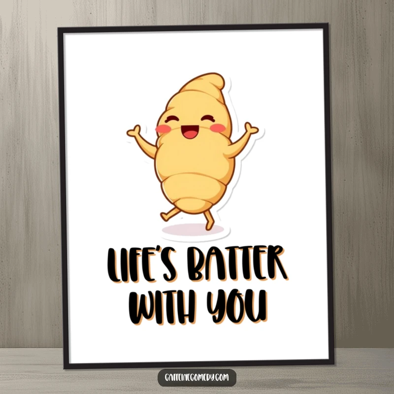 Funny Free Printable Wall Art: A delighted croissant character captured mid-happy dance, adding a festive and joyful touch to your decor.
