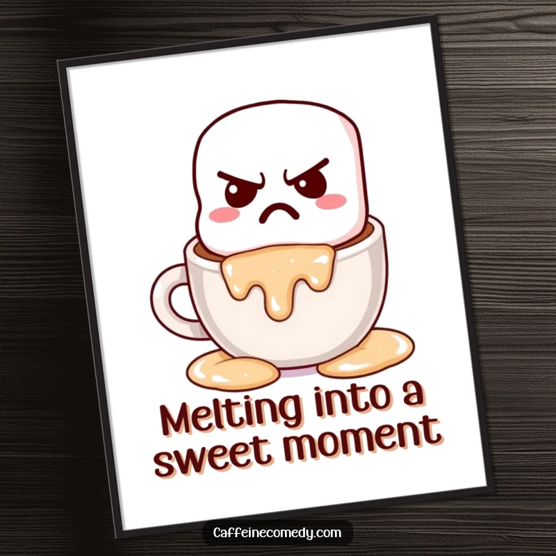 Funny Free Printable Wall Art: Kawaii grumpy marshmallow melting with a dramatic sigh into a warm mug of hot chocolate.