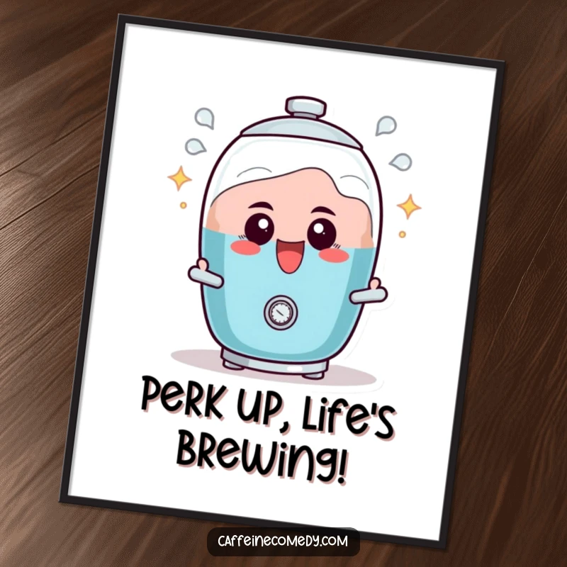 Free printable wall art: a determined percolator character actively bubbling with infectious excitement and energetic vibes.