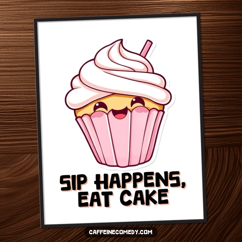 Funny Free Printable Wall Art: A kawaii cupcake with a big grin happily taking a giant sip.