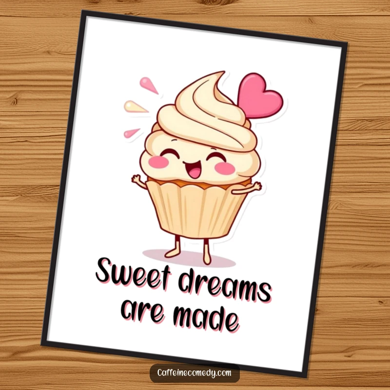 Funny free printable wall art featuring a cheerful cupcake character enthusiastically blowing frosting, creating a playful scene.