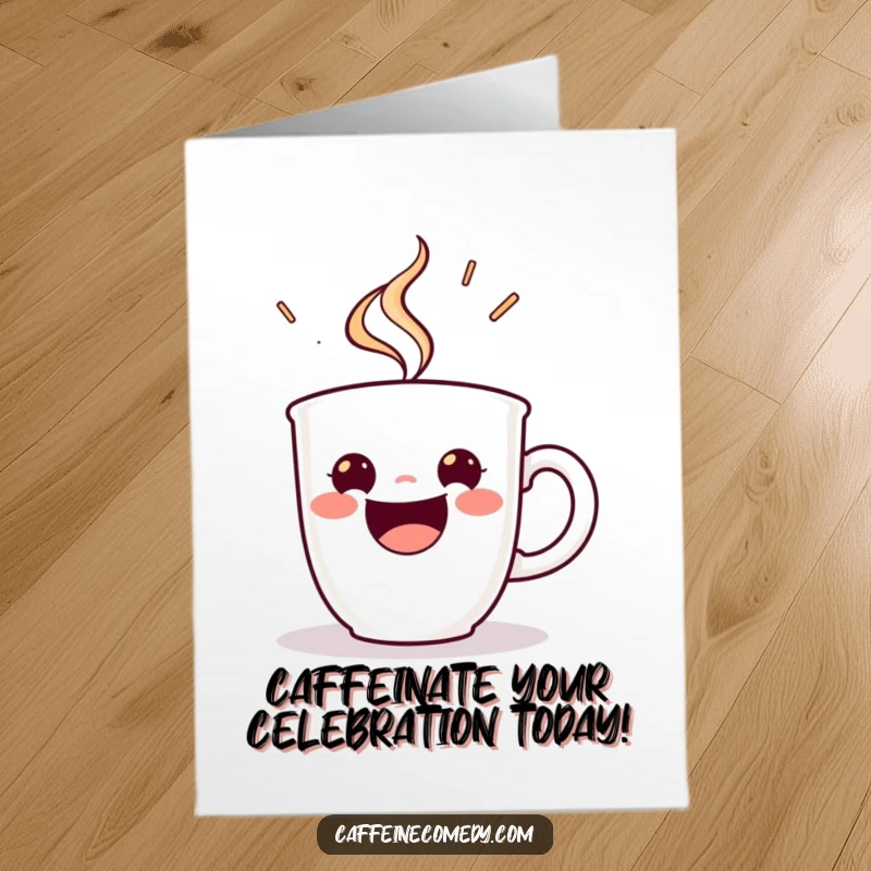 Funny free printable birthday card: a beaming espresso cup character steaming with energetic delight, ready to fuel a celebration.