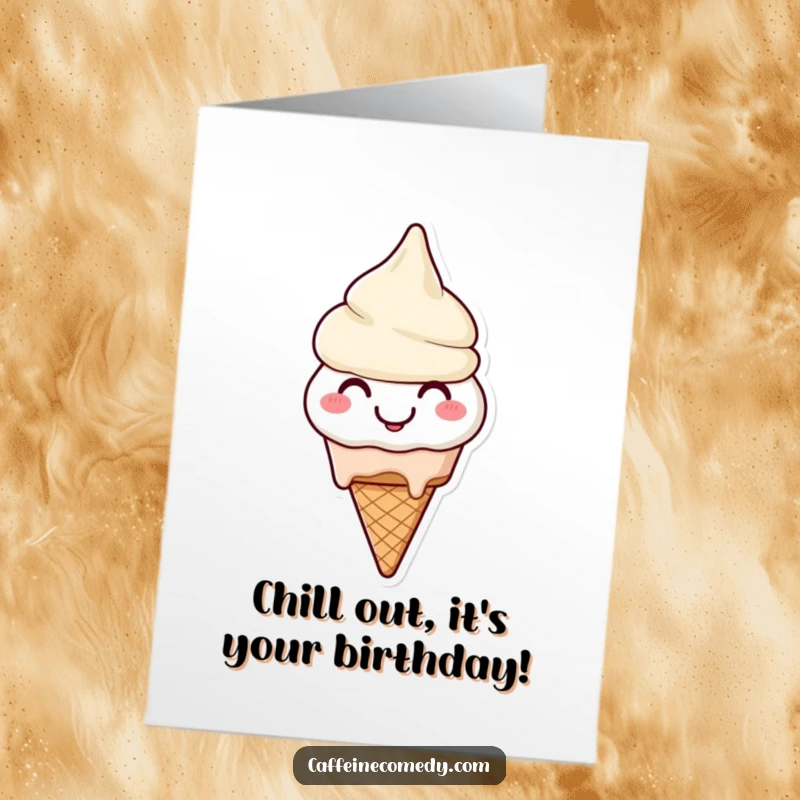 Funny free printable birthday card showing a smiling ice cream cone character happily and cheerfully melting, exuding warmth.