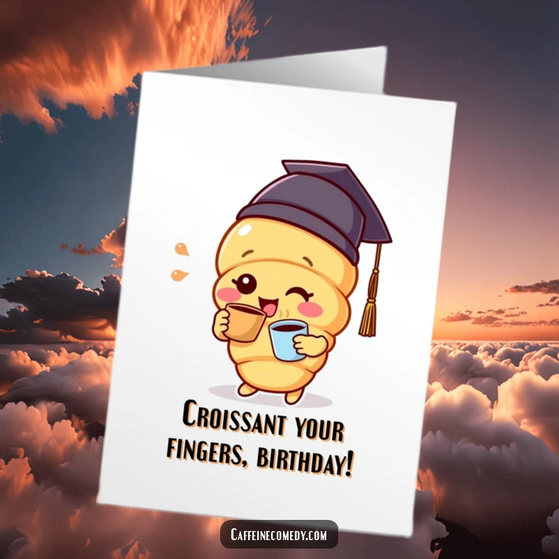 Funny Free Printable Birthday Card: Delighted croissant character wearing a graduation cap, sipping coffee, celebrating achievement.