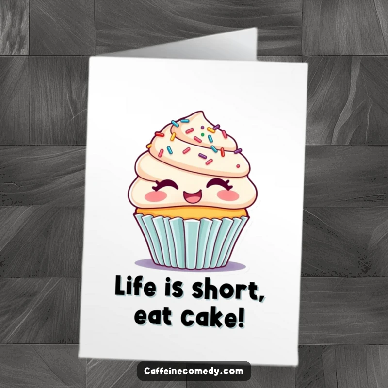 Funny Free Printable Birthday Card: A giggling cupcake with colorful sprinkles for hair, radiating pure birthday happiness.