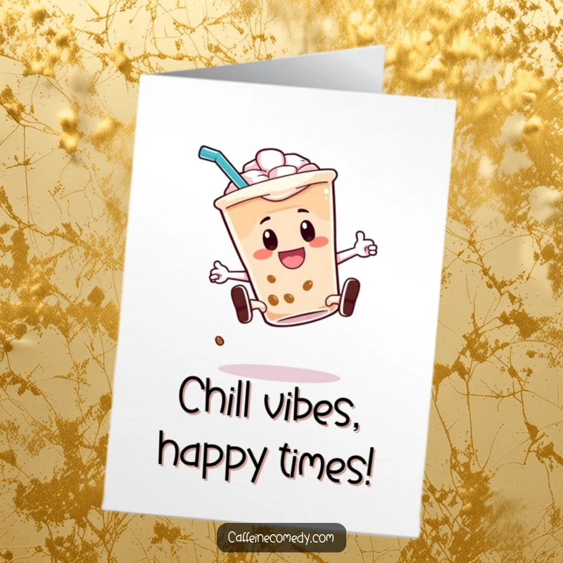 Funny Free Printable Birthday Card: Energetic iced coffee character performs a rad kickflip, straw flying, celebrating enthusiastically.