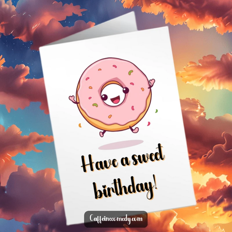 Funny Free Printable Birthday Card showing a colorful donut character spinning joyfully with sprinkles flying, full of birthday cheer.