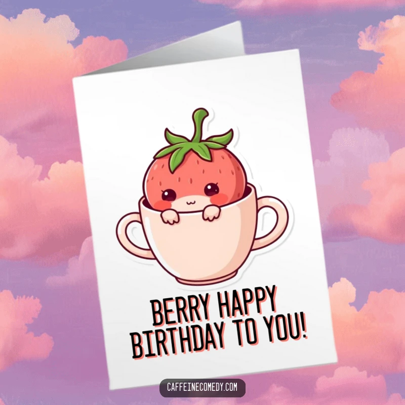 Funny Free Printable Birthday Card: A mischievous Kawaii strawberry peeking slyly from inside a coffee mug.