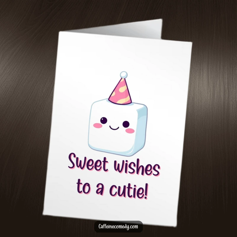 Funny Free Printable Birthday Card: A happy sugar cube wearing a tiny party hat, ready to celebrate with a sweet smile.