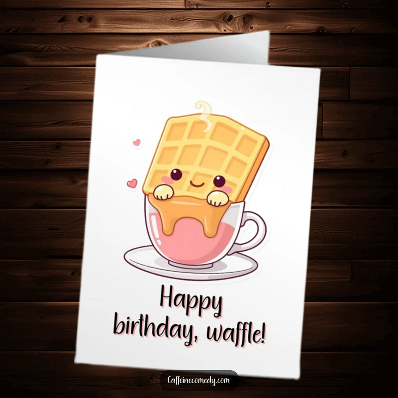 Funny Free Printable kawaii waffle character happily draped over a steaming cup, perfect for a birthday card.