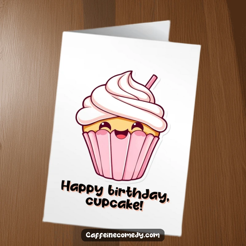 Funny Free Printable Birthday Card: A kawaii cupcake with a cheerful grin taking a giant, happy sip.