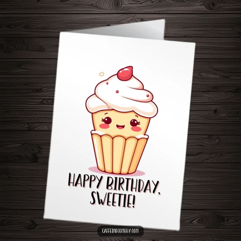 Funny Free Printable kawaii cupcake character winking from a foamy brew, perfect for a birthday card.