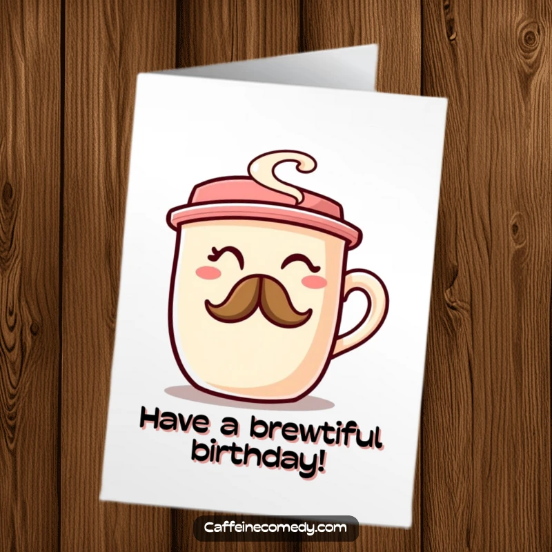Funny Free Printable Birthday Card: A plump coffee cup winking mischievously, with a steam mustache adding to its playful charm.