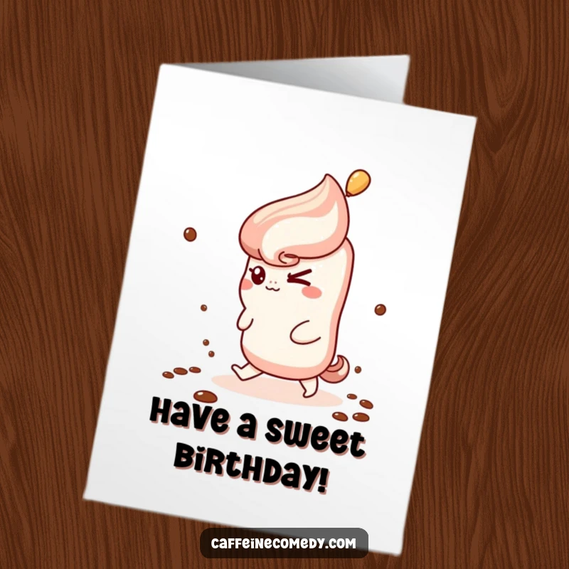 Funny Free Printable Birthday Card: A mischievous kawaii churro winks while attempting to walk up a coffee steam.