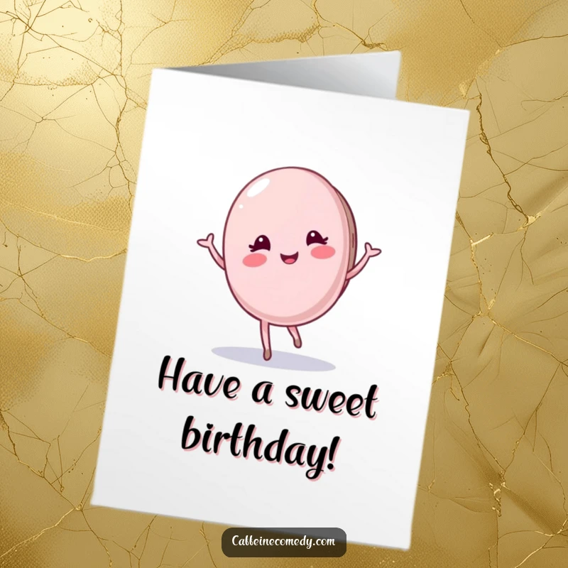 Funny Free Printable Birthday Card featuring a pleased macaron character performing a graceful twirl, adding a sweet touch of elegance.