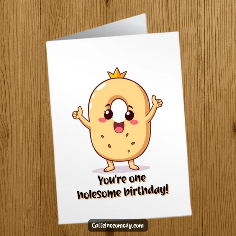 Funny free printable birthday card with a beaming bagel character doing a cheerful victory dance, bringing joy to the celebration.