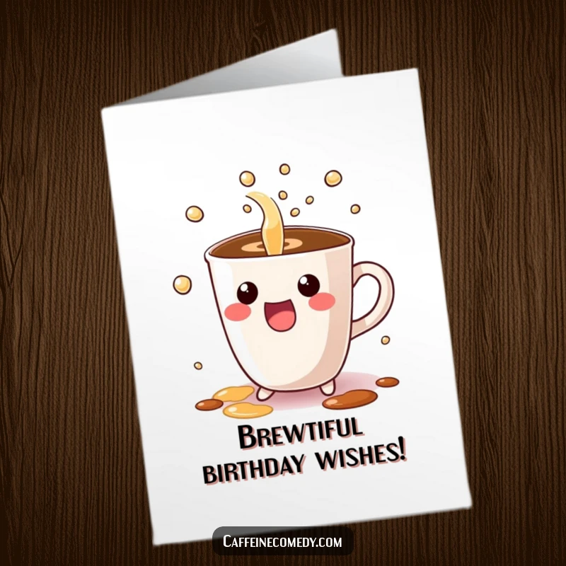 Funny free printable birthday card featuring a cute Kawaii coffee cup character excitedly pouring bubbly liquid for a festive occasion.