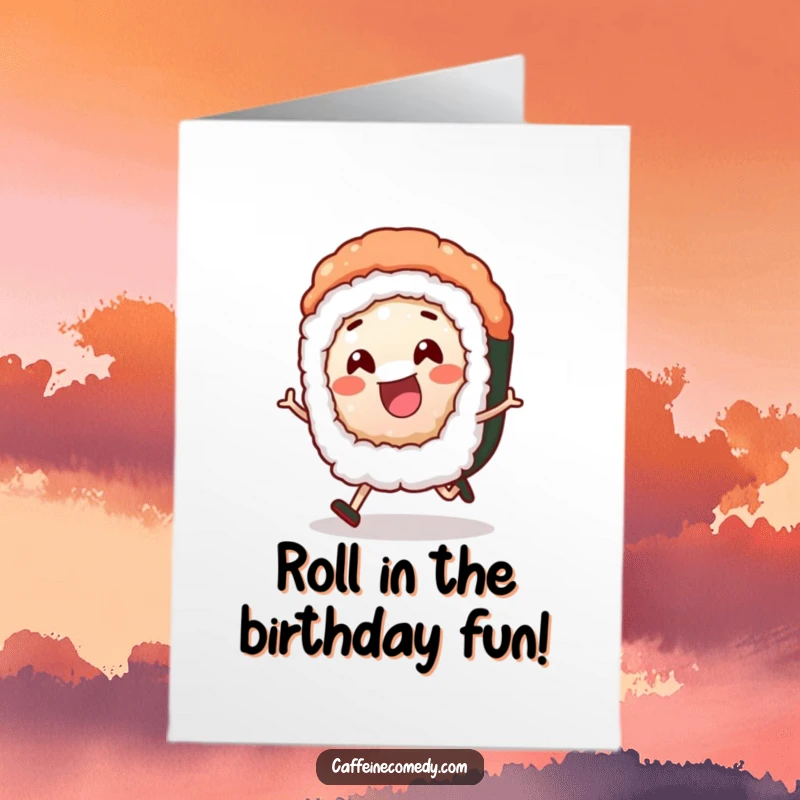 Funny Free Printable Sushi Birthday Card: A cheerful sushi roll character happily rolling along, ready for birthday fun.