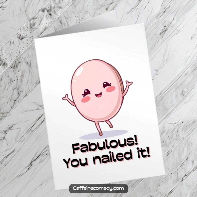 Funny Free Printable Congratulations Card showing a pleased macaron doing a graceful twirl, perfect for celebrating sweet successes.
