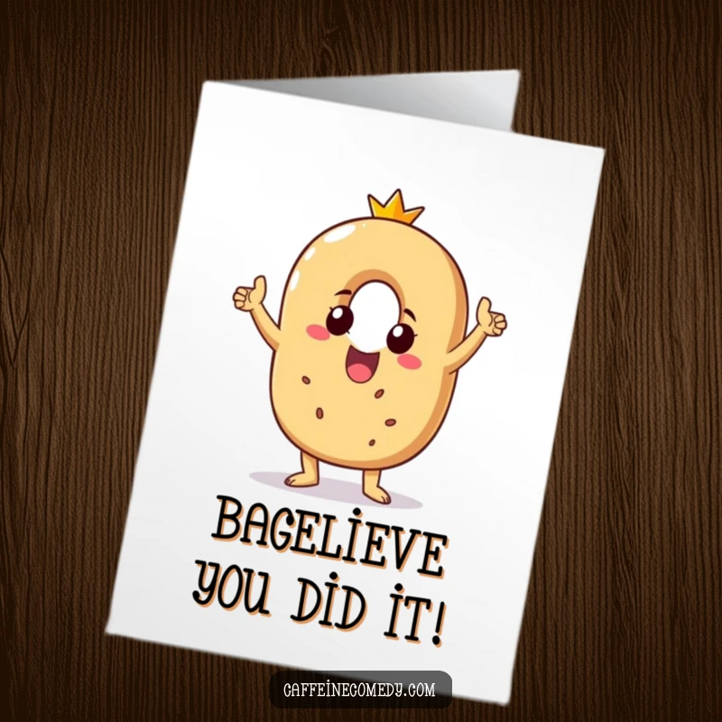 Funny free printable congratulations card showcasing a beaming bagel character in a triumphant victory dance, celebrating major accomplishments.