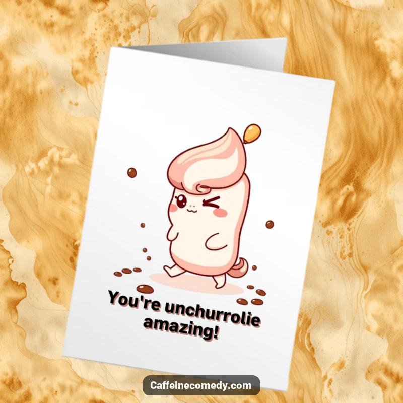 Funny Free Printable Congratulations Card: A kawaii churro with a mischievous wink bravely climbs a stream of hot coffee steam.