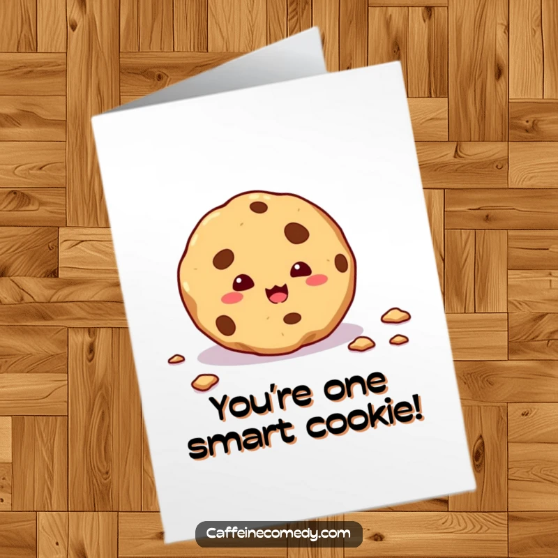 Funny free printable congratulations card with a mischievous cookie leaving a breadcrumb trail, a delightful downloadable art piece.