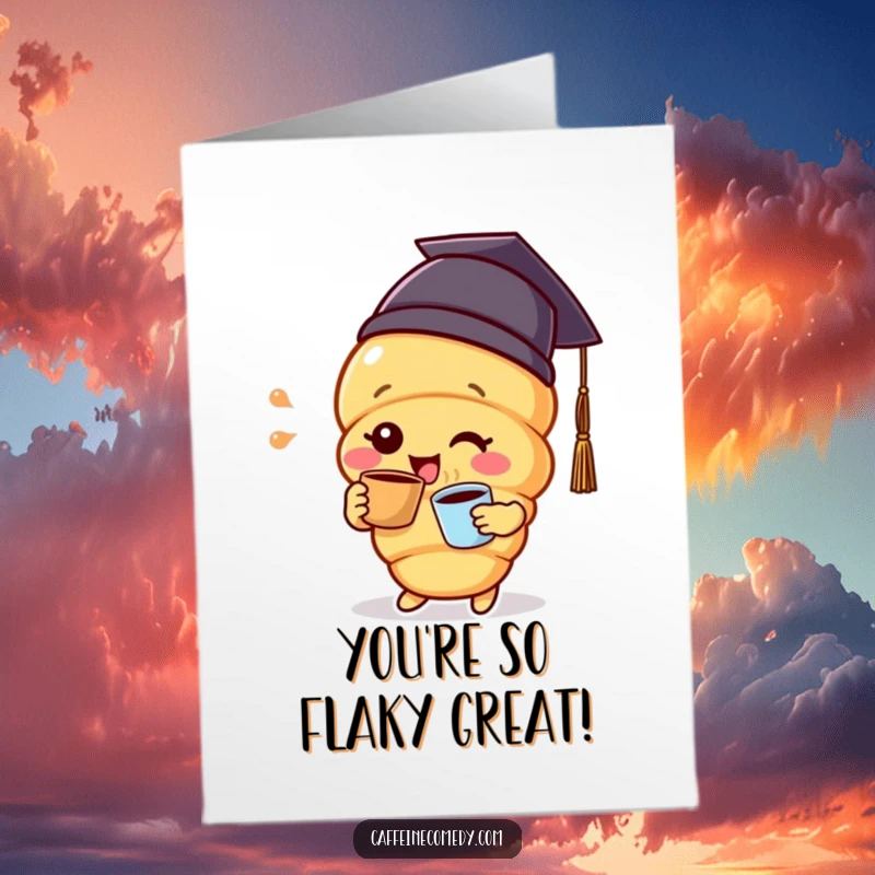 Funny Free Printable Congratulations Card: Delighted croissant character in a graduation cap, sipping coffee, celebrating graduation.