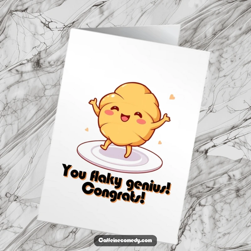 Funny Free Printable Congratulations Card: A happy croissant performs a little dance on a plate, conveying congratulations.