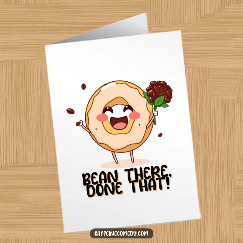 Funny free printable congratulations card showing a jubilant donut hole character presenting a coffee bean bouquet as a celebratory gesture.
