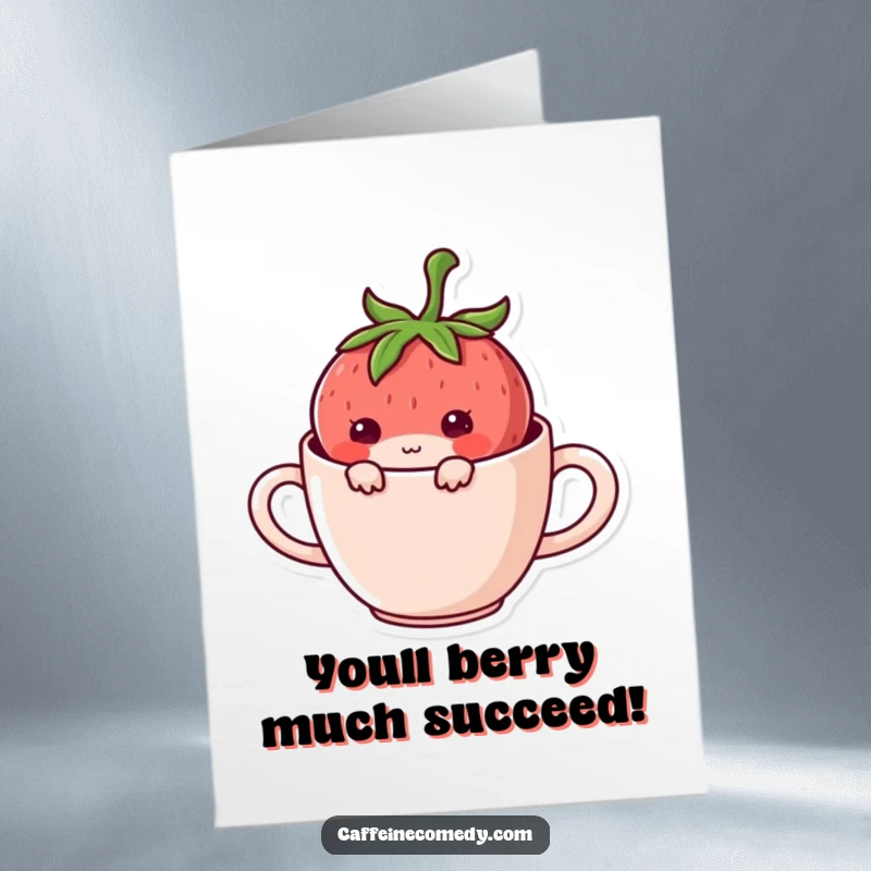 Funny Free Printable Congratulations Card: A mischievous Kawaii strawberry hiding playfully inside a coffee mug.