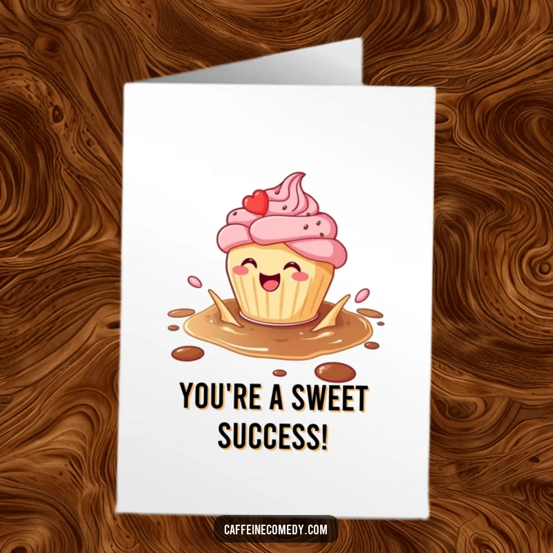 Funny Free Printable Congratulations Card: A cheerful cupcake character joyfully splashing in a coffee puddle, celebrating big news.