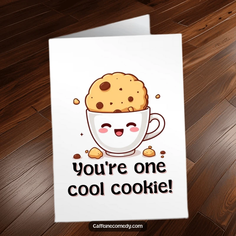 Funny Free Printable Congrats Card: A kawaii cookie joyfully crumbling as it dives into coffee.