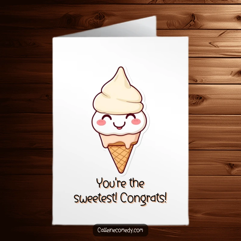 Funny free printable congratulations card featuring a smiling ice cream cone character cheerfully melting, symbolizing sweet achievement.