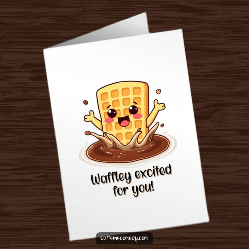 Funny Free Printable Congratulations Card: Energetic kawaii waffle excitedly splashing in a coffee pool, cheering success.