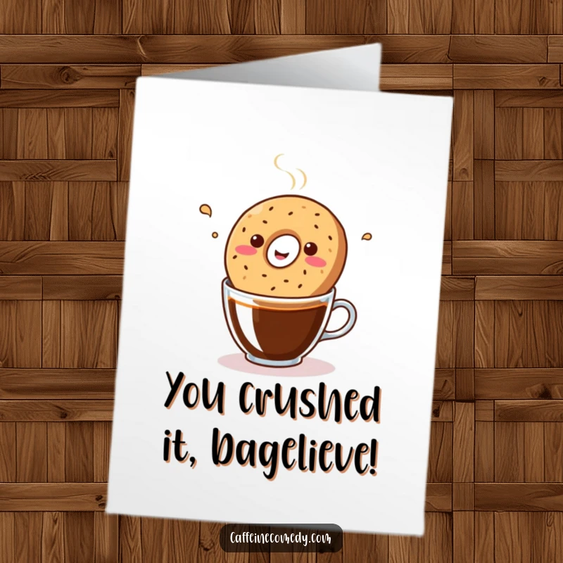 Funny Free Printable Congratulations Card: Happy kawaii bagel bopping rhythmically in a coffee cup, perfect for celebrating.