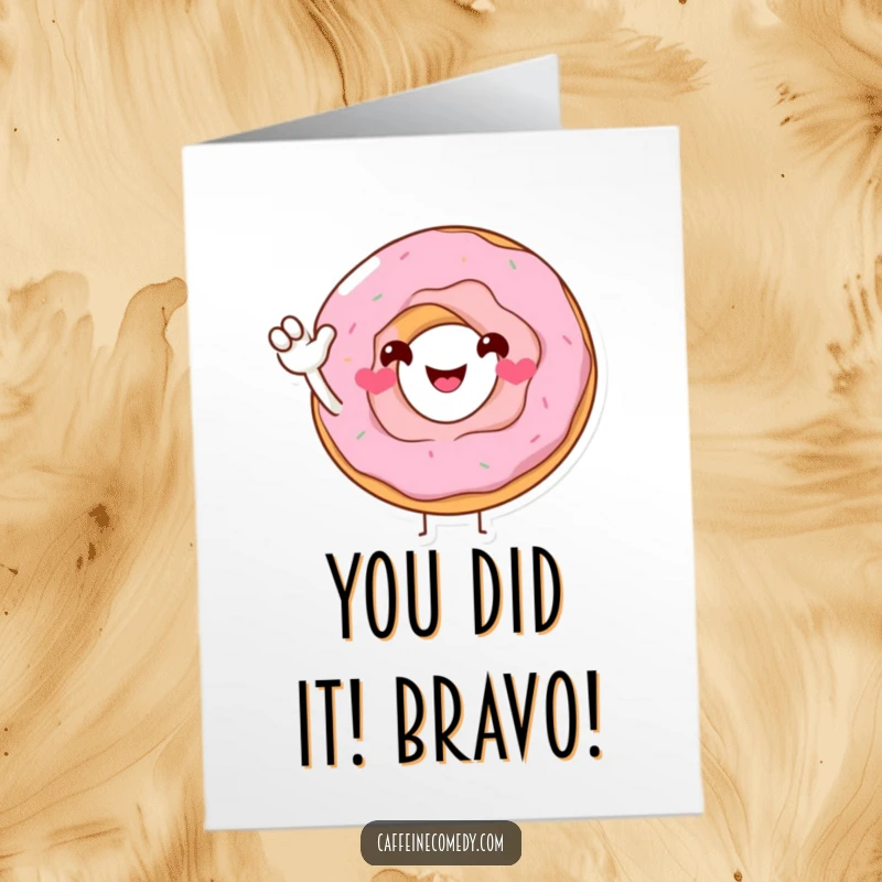 Funny Free Printable Congratulations Card showing a smiling donut character offering a sugary wave, ideal for celebrating any achievement.