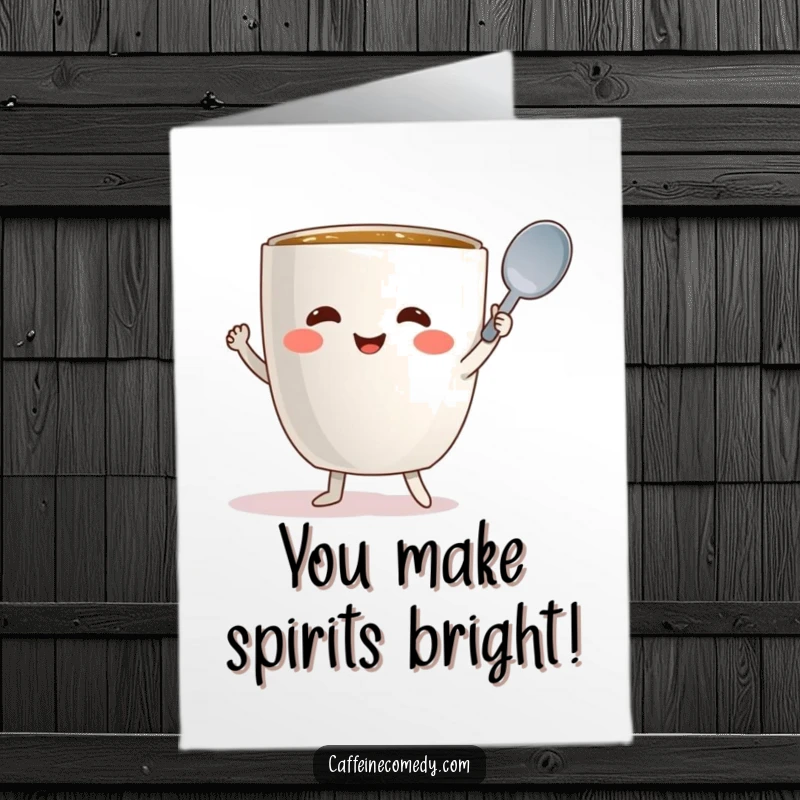 Funny free printable congratulations card featuring a happy coffee mug character doing a cheerful dance while holding a spoon.