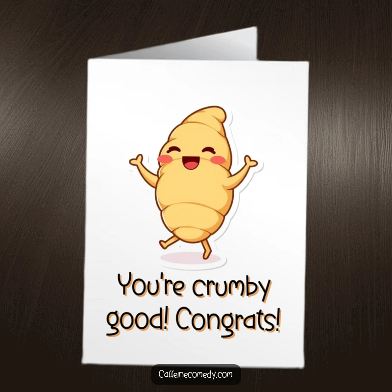 Funny Free Printable Congratulations Card: A jubilant croissant character doing a happy dance, celebrating a fantastic achievement with glee.