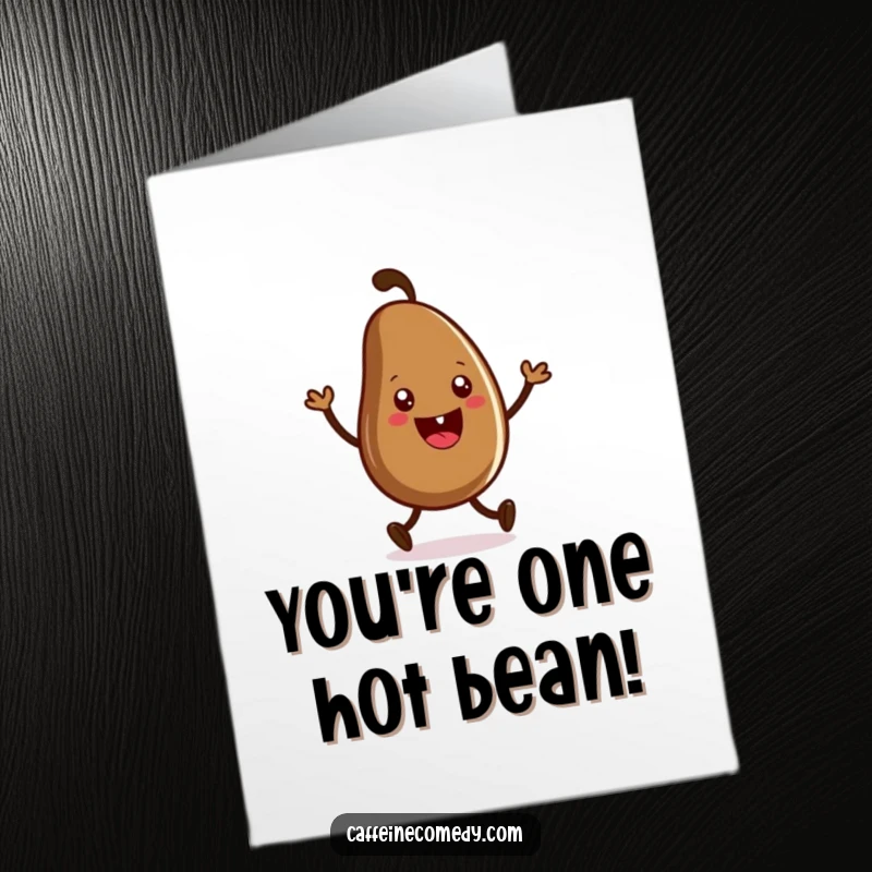 Funny Free Printable Congratulations Card: A smiling coffee bean energetically dances to celebrate a wonderful accomplishment.
