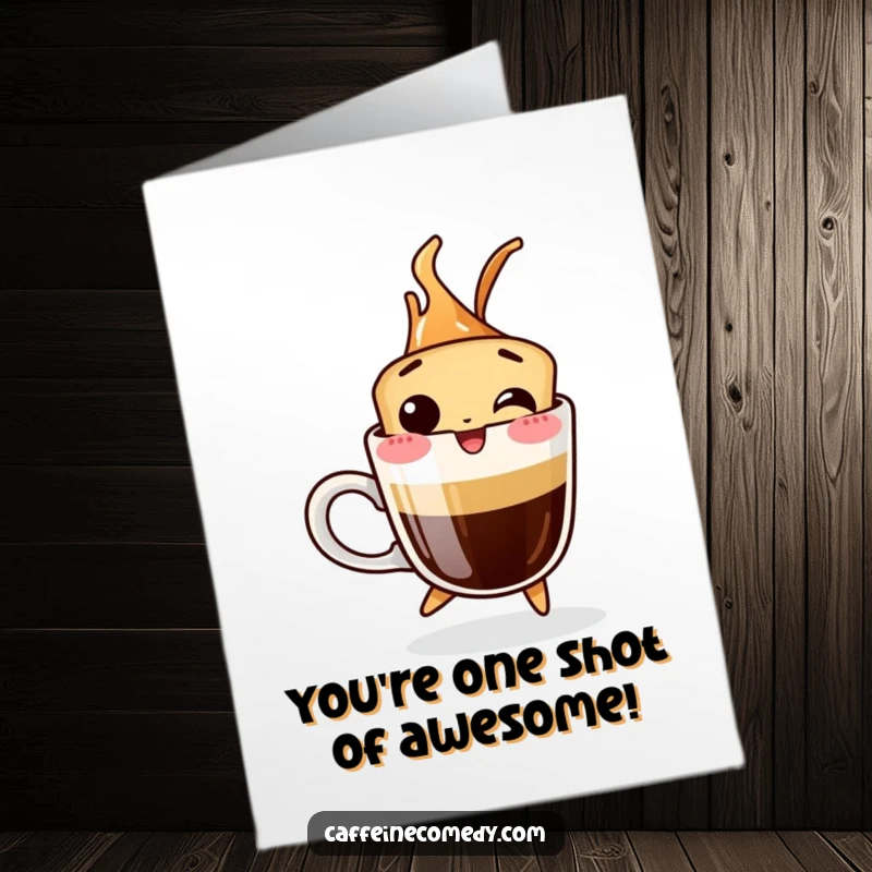 Funny Free Printable Congratulations Card: A giggling espresso shot leaps out of its cup, celebrating success.